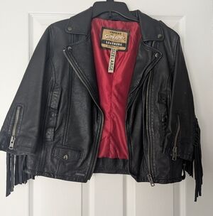Superdry Women's Black Leather Jacket with Fringe